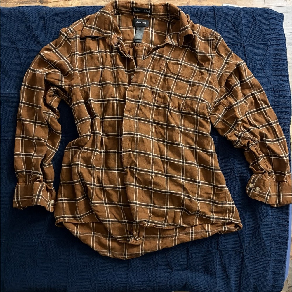 Claiborne Brown Plaid Button Down Shirt Long Sleeve Viscose Italian Fabric Large